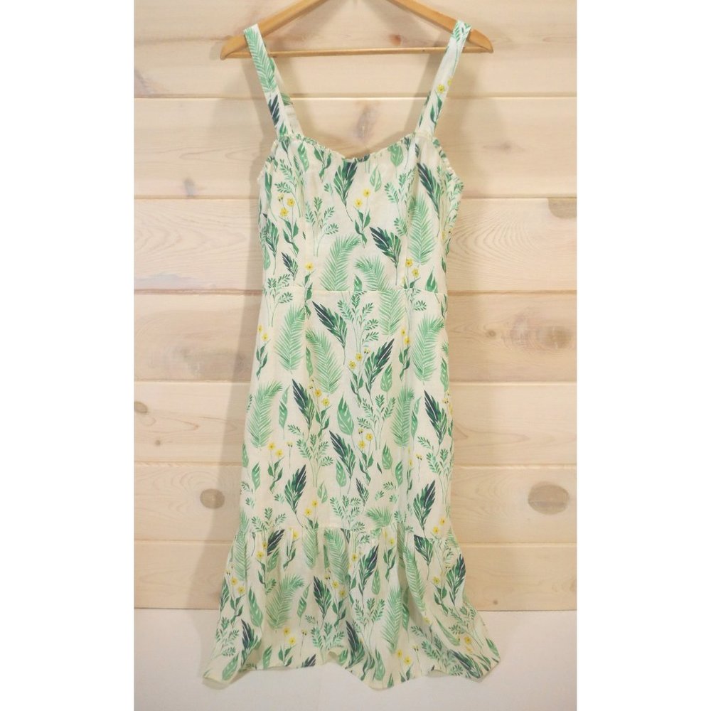 C & C California Women's Size 8 Sun Dress 100% Linen Floral Leaf Print
